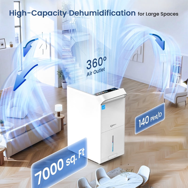 140 pt. 7000 sq. ft. Energy Star Dehumidifier for Basement in White with Drain Hose