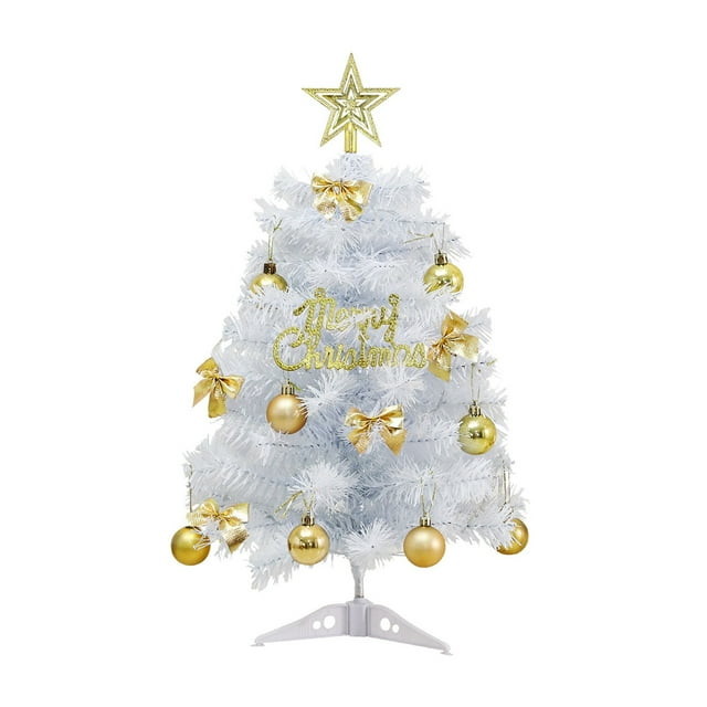 Leodye 1PCS White Christmas Tree Set - Desktop Small Christmas Tree - Includes Gold Top Star Letter Plaques Bow Decorative Ball-23.6 * 11.8 * 11.10in
