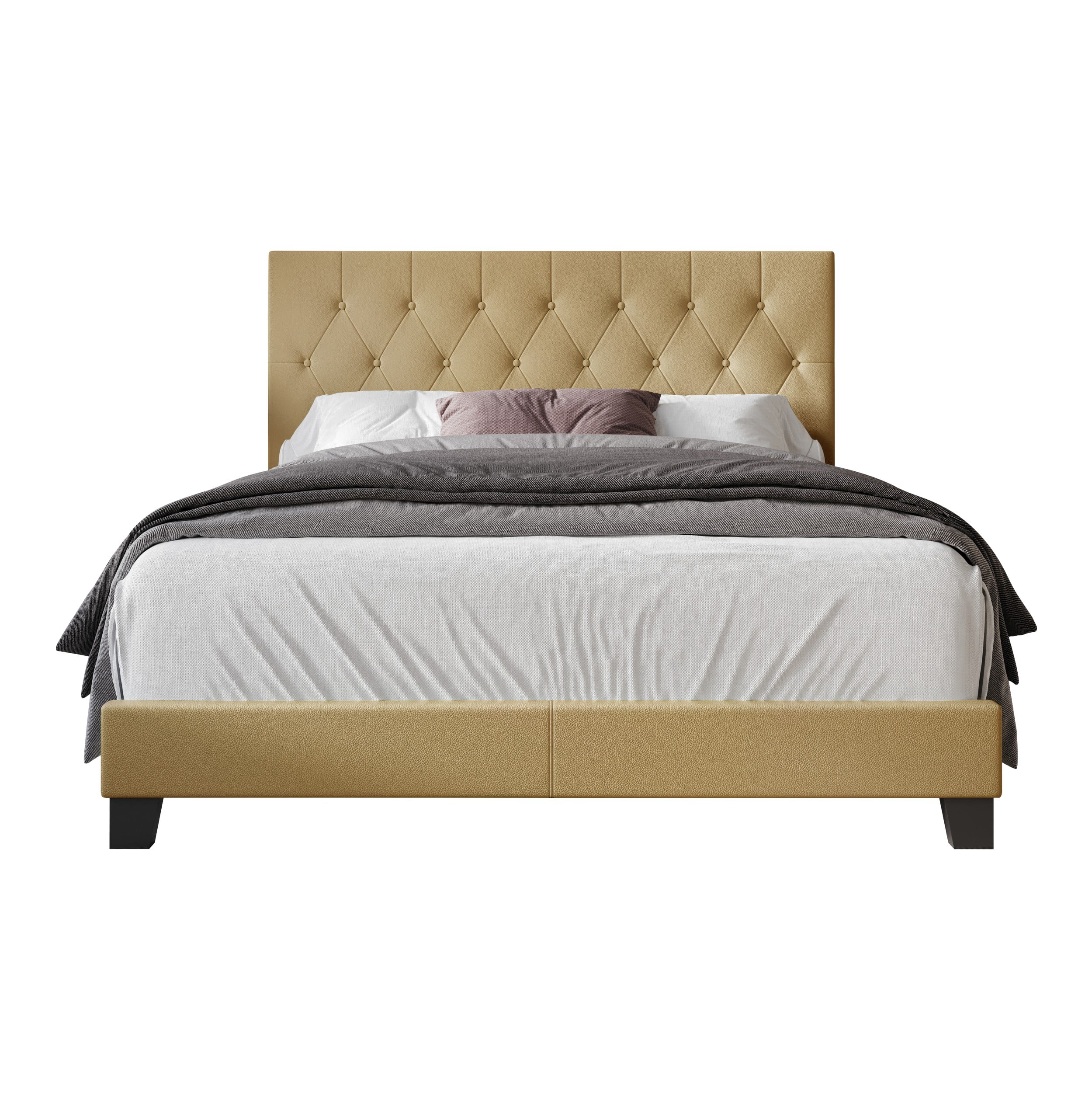 Home Design Omaha Queen Tufted Upholstered Panel Bed Frame, Light Brown, Easy Assembly