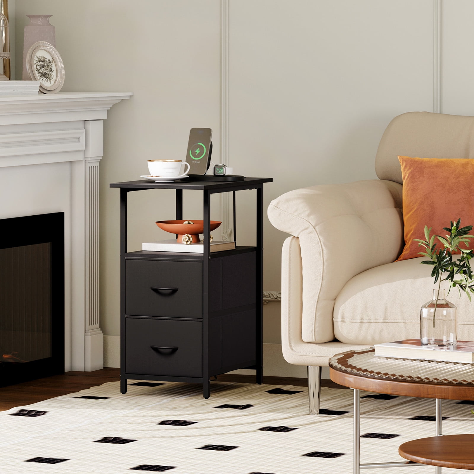 Eunos Black Long End Table with Charging Station, Nightstand with Open Shelf, 2 Fabric Drawer