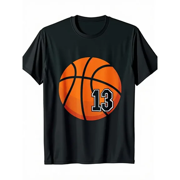 Men'S Basketball Jersey Number 13 Graphic T-Shirt - 100% 220gsm Heavyweight, Black with Orange Basketball & Number 13 Design, Short Sleeve Round Neck Casual Sports Apparel for