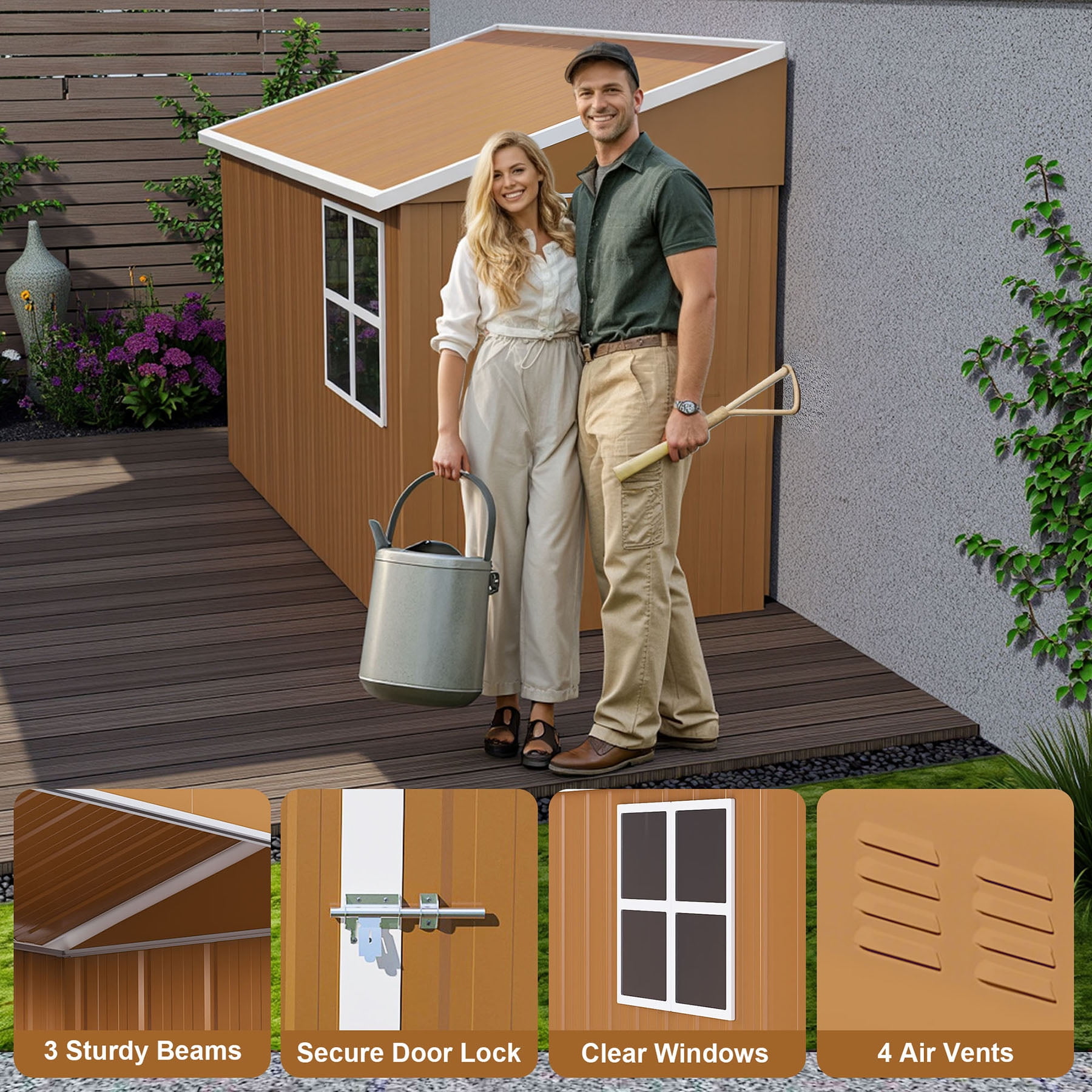 8x4 FT Weatherproof Outdoor Metal Storage Shed with Double Doors, Windows and Ventilation for Lawn Organization