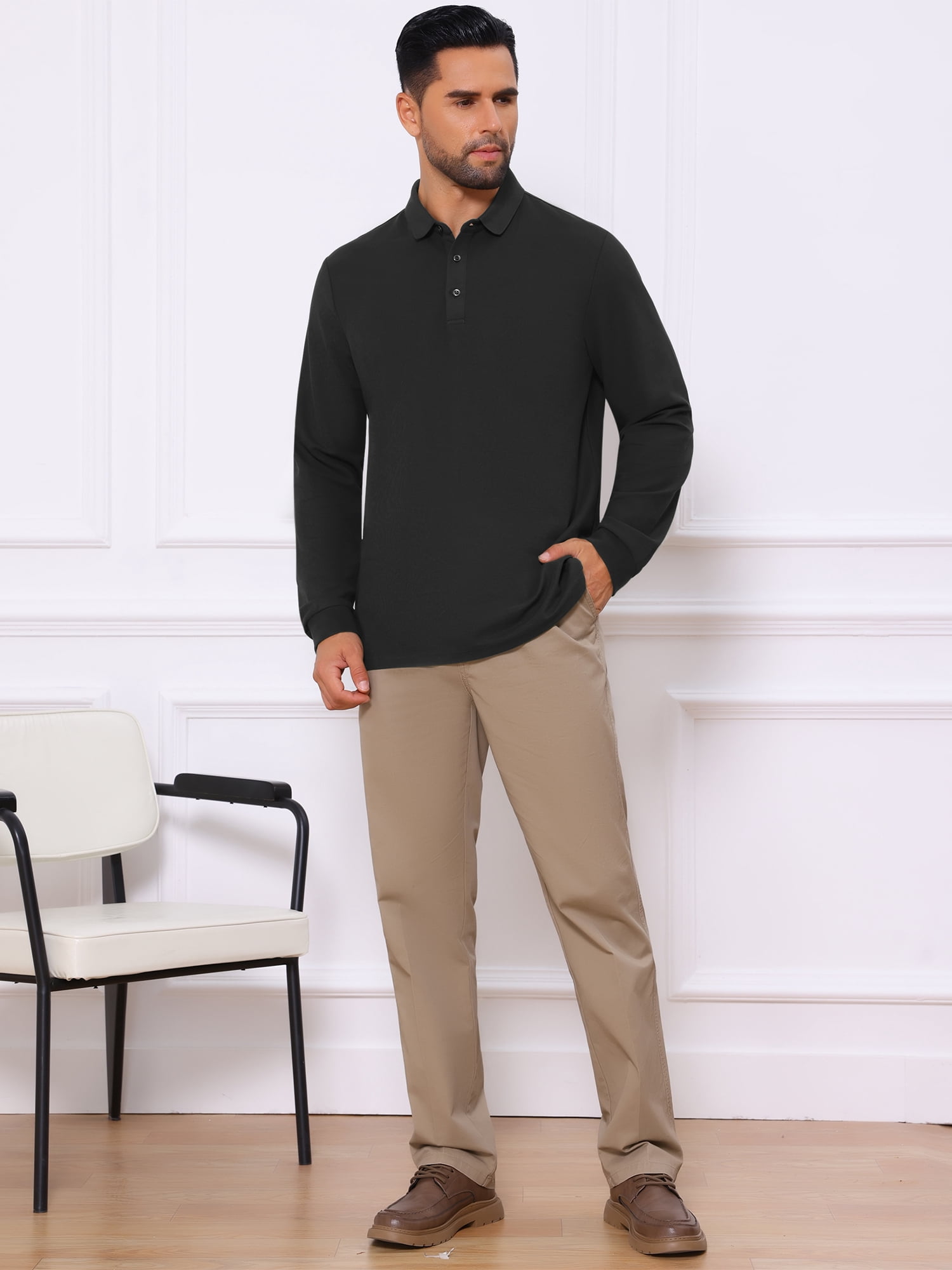 DARING DIVA Men's Classic Solid Color Long Sleeves Basic Golf Polo T-Shirts M Black
