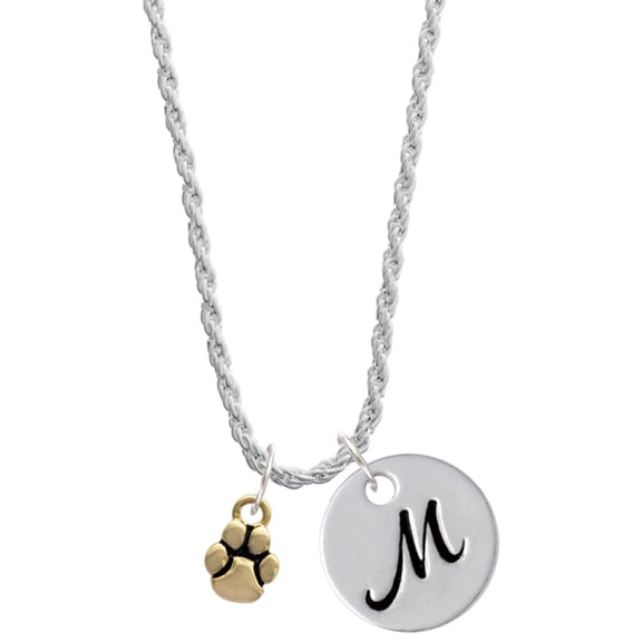 Delight Jewelry Goldtone Mini Rounded Paw Silvertone Script Initial Disc - M - Charm Necklace, 20"+3"