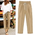 thumbnail image 2 of Pantalones largos de mujer Pantalones de algodón y lino elásticos de color sólido casuales de moda Pantalones Odeerbi ODB-2, 2 of 5