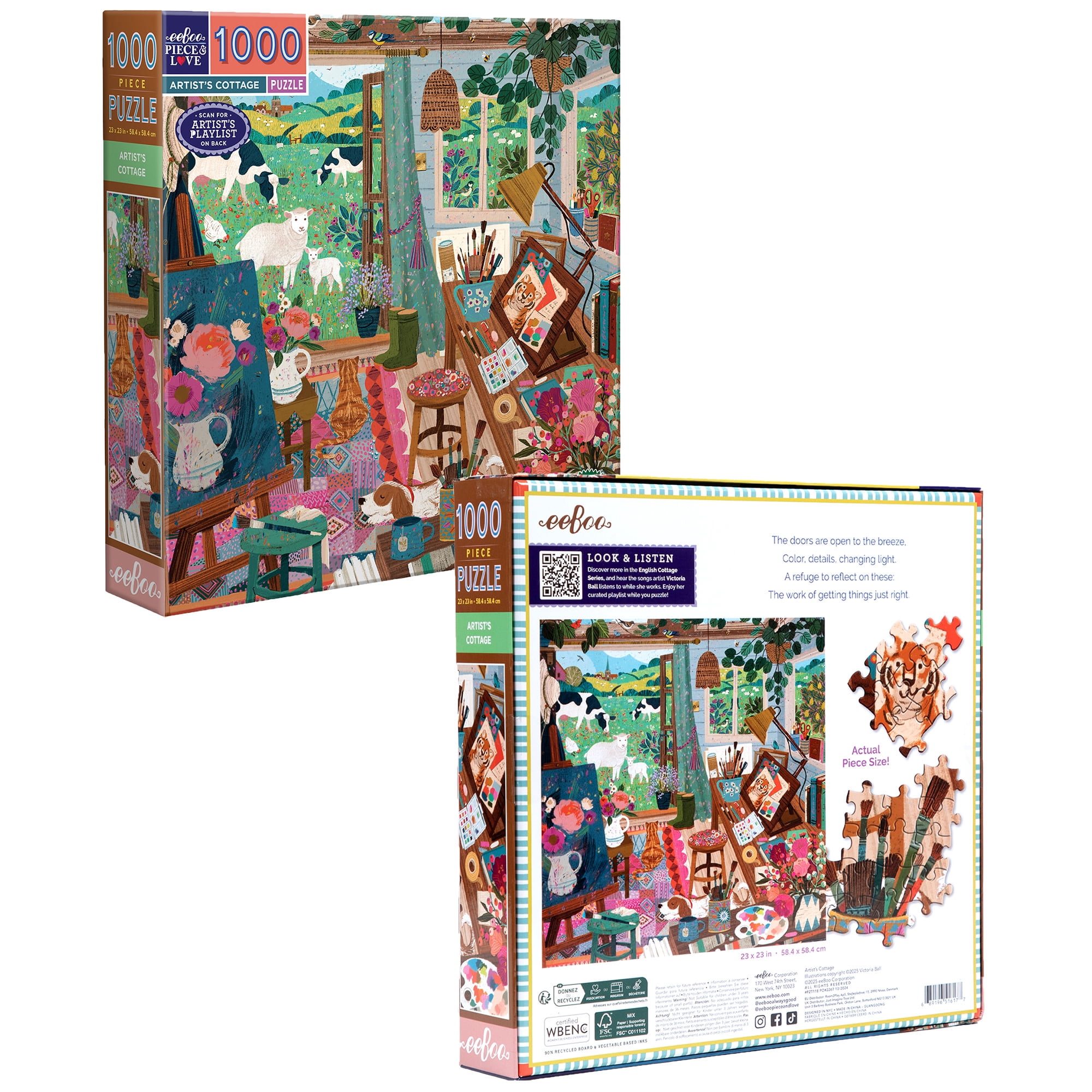 eeBoo Piece & Love: Artist's Cottage - 1000 Piece Puzzle - Adult Square Jigsaw, 23x23", Includes Image Reference Insert, Glossy High-Quality Pieces