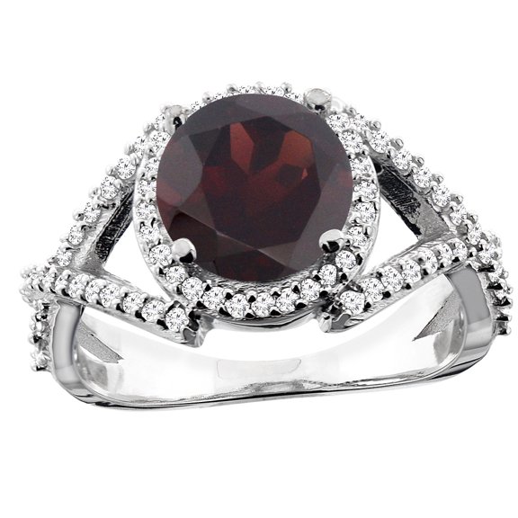 14K White Gold Natural Garnet Ring Round 8mm Diamond Accent, size 9.5