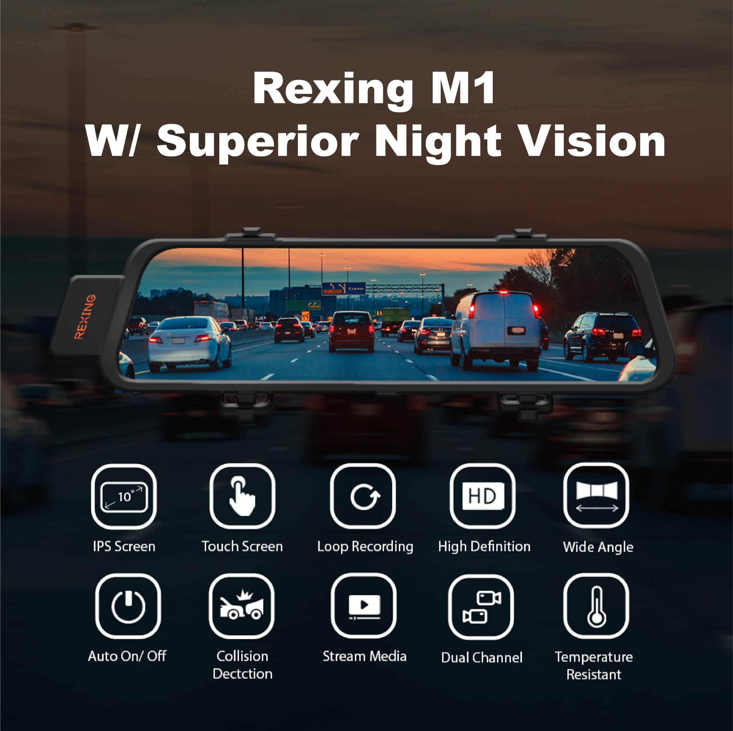 Rexing M3 1080p 3-Channel Mirror Dash Cam with Smart GPS Black