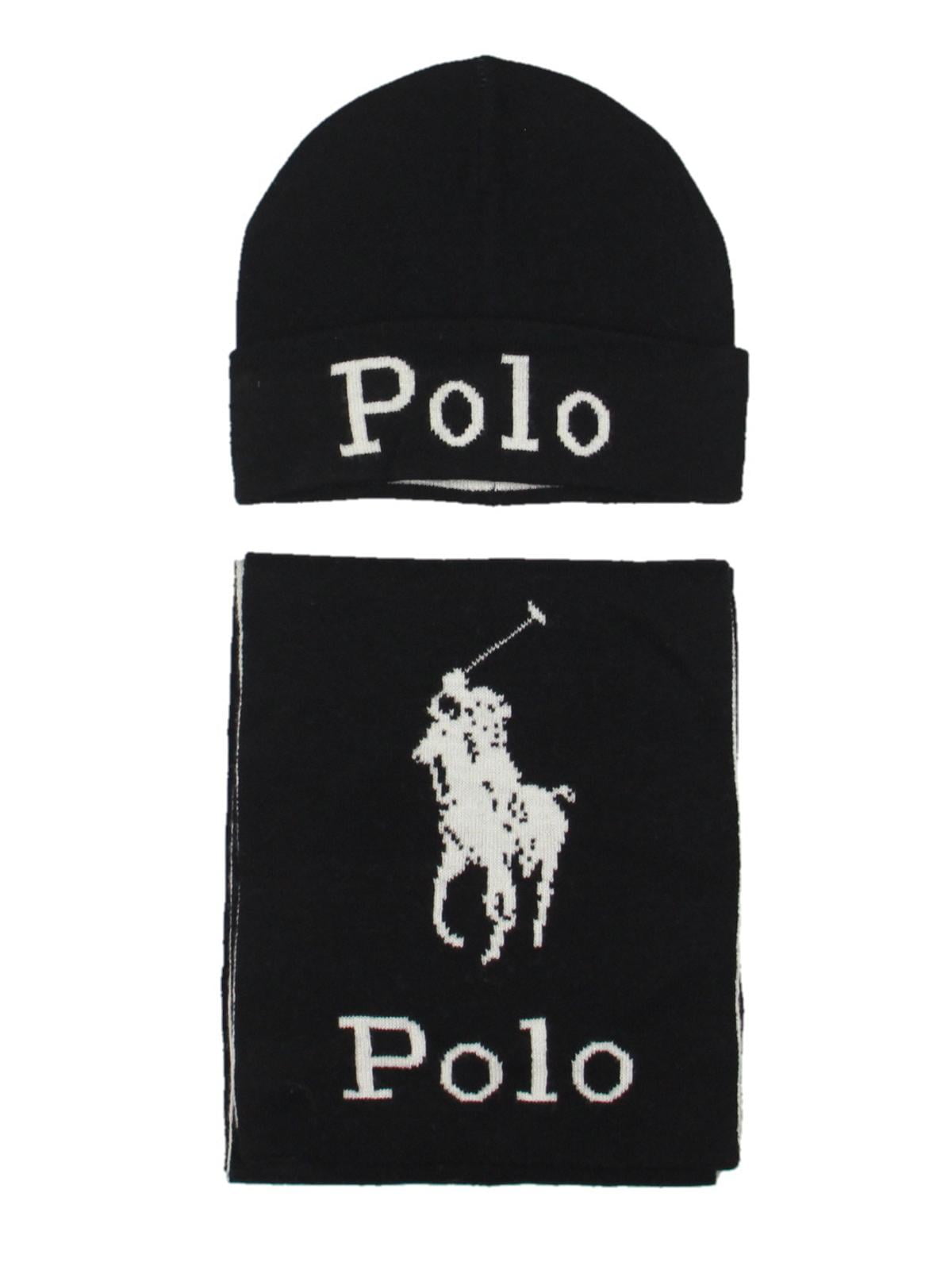 Polo Ralph Lauren Mens Wool Blend Winter Hat & Scarf Set Black O/S -  