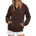thumbnail image 4 of AWZXDE Women's solid color full zip hoodie featuring an adjustable drawstring hood and practical front pockets for casual everyday wear and athletic activities Coffee,XXL, 4 of 5