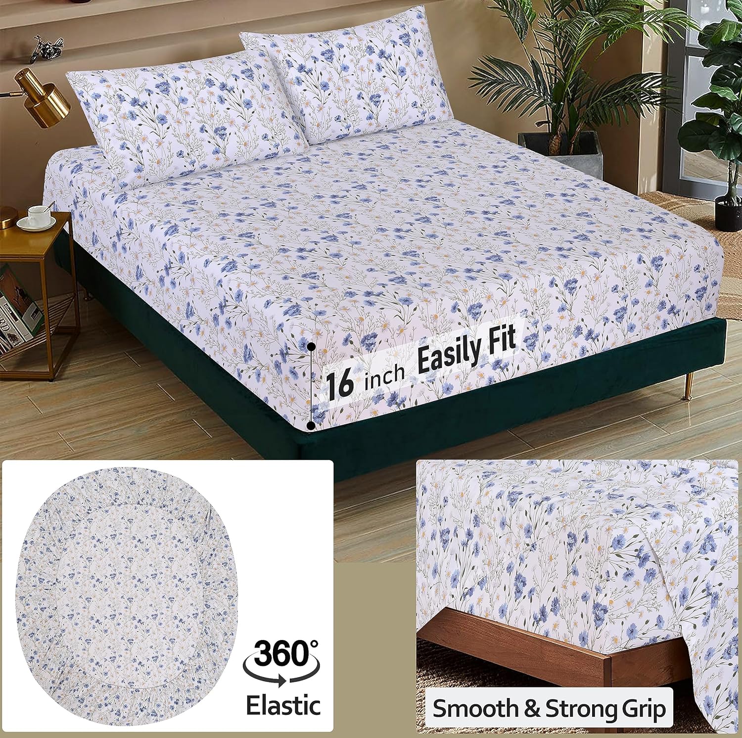 RUVANTI 100% Cotton Sheets – Full Size Percale Bedding, Cooling & Breathable Floral Design, Durable with a Crisp, Soft & Comfortable Feel, 16" Deep Pocket, 4-Piece Set, Sweet Pea