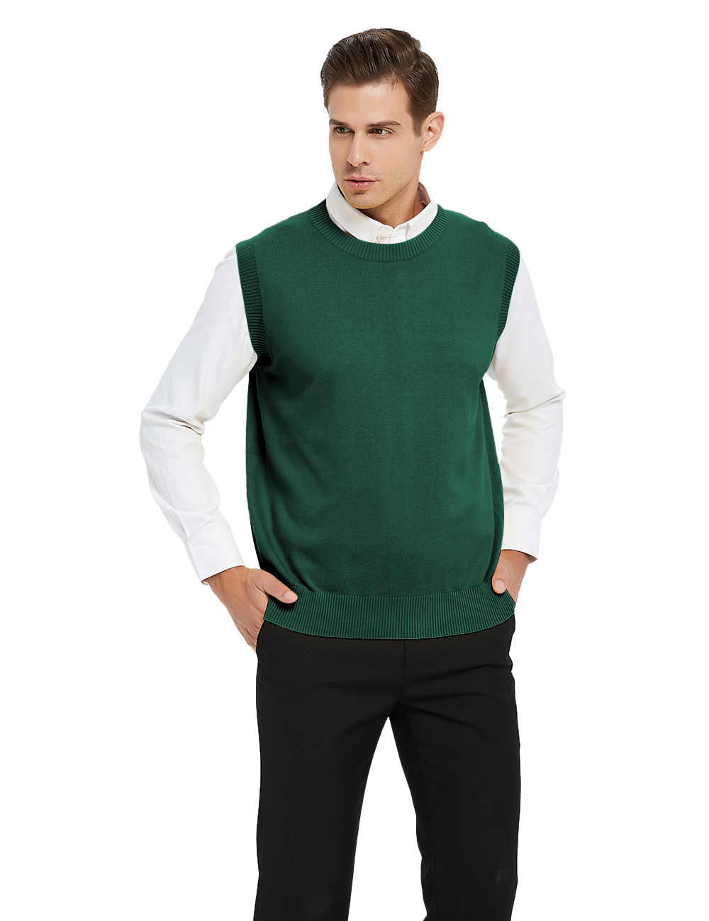 Toptie Men's 100% Cotton Knit Sweater Vest, Crew Neck Solid Color