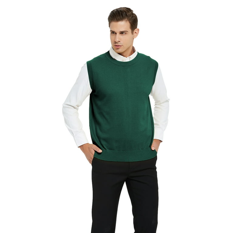 Toptie Men's 100% Cotton Knit Sweater Vest, Crew Neck Solid