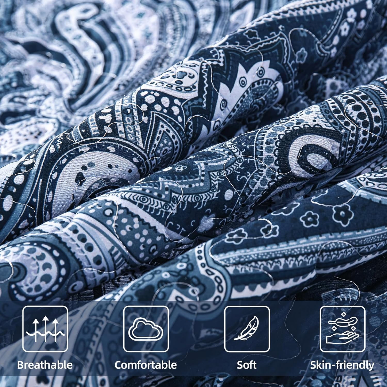 Dintszyayue Navy Quilt Set King Size,3Pcs Bohemian Bedding Set Lightweight Paisley Adult(90"x 110")