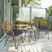 Costway 3PCS Patio Rattan Bistro Furniture Set Cushioned Chair Table Navy