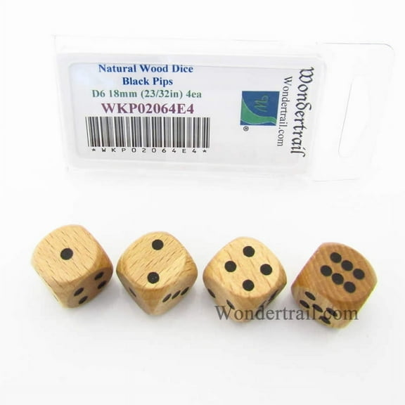 Natural Wood Dice with Black Pips D6 18mm (23/32in) Pack of 4 Wondertrail