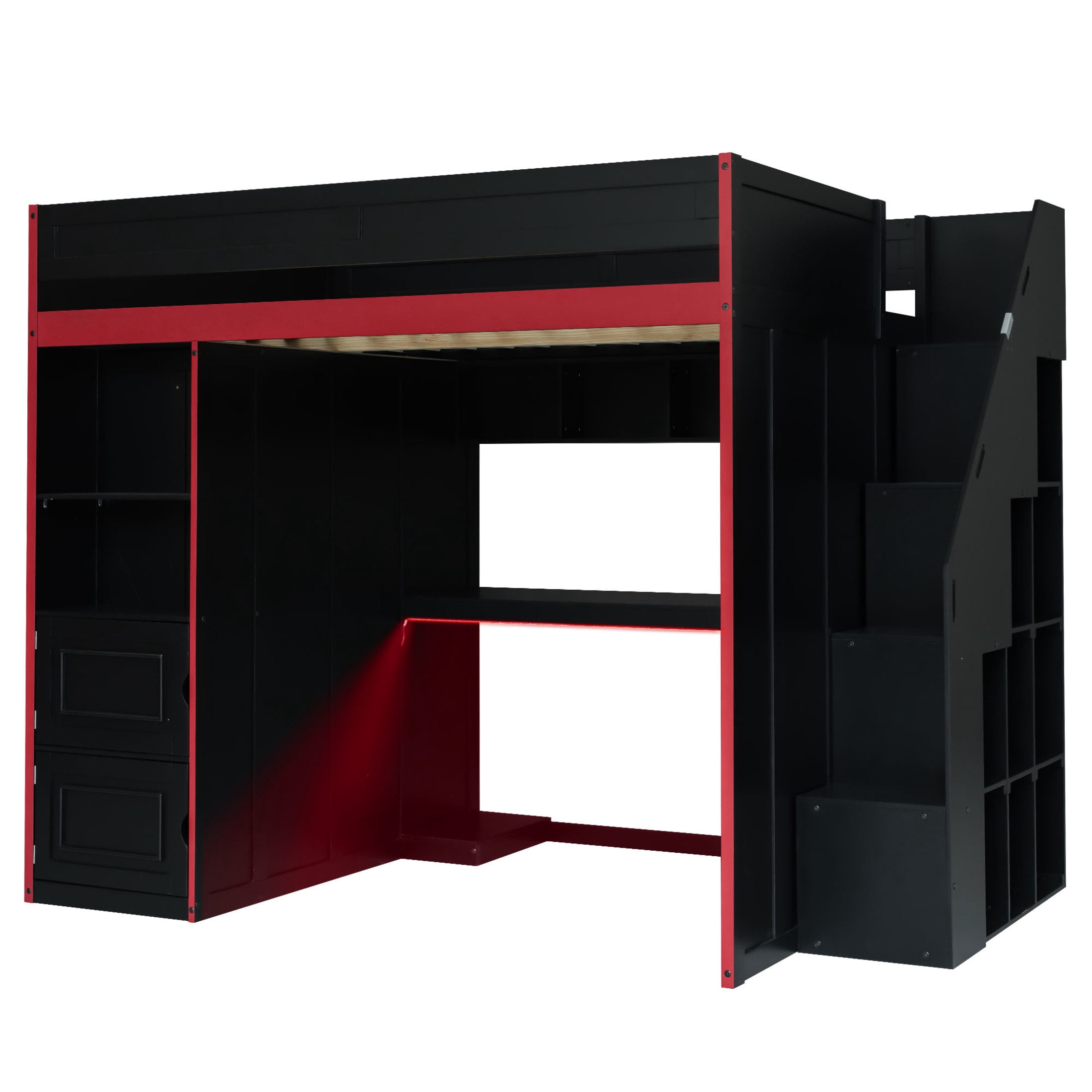 Noble House Mira Full Gaming Loft Bed, Desk with Storage Locker & LED Lights, Solid Wood Frame, Black and Red