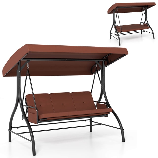 Costway 3-Seat Patio Swing with Canopy with Removable Cushions & Side Pockets Stand Brown