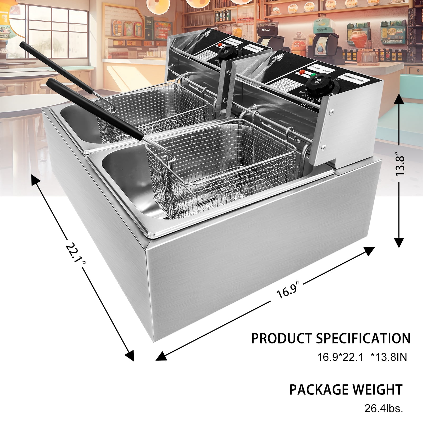 TUOKE 24L Commercial Electric Deep Fryer 5000W Professional Stainless Steel Countertop French Fry with Basket for Restaurant