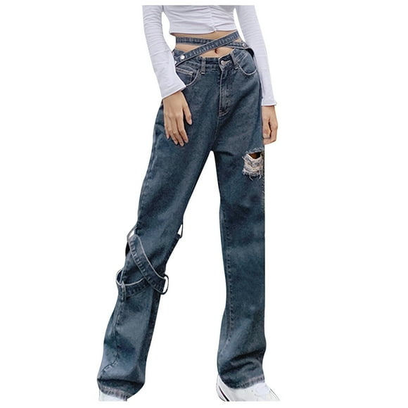 Bigersell Black Skinny Jeans for Men Wide Leg Jeans Deals Black Skinny Jeans Ladies Slim-Leg Denim Pants Button Closure Distressed Trouser Jeans Female Loose High Waist Cropped Pants Style J-6 Blue L