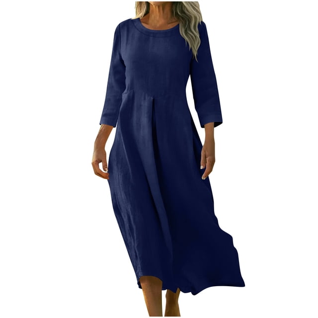 Floleo Robe Décontractée pour Femmes à Col Rond, Couleur Unie, Manches 3/4, avec Poches, Polyvalente pour Usage Quotidien, Week-End, Lune de Miel, Ensemble de Sport, Jogging (Marine, TG)