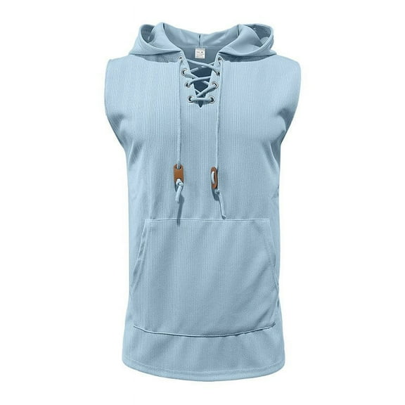 HOOMEUMY Men's Summer Drawstring Hooded Tank Top Casual Drawstring Hooded Slim Fit Sleeveless Vest with Pockets Blue S