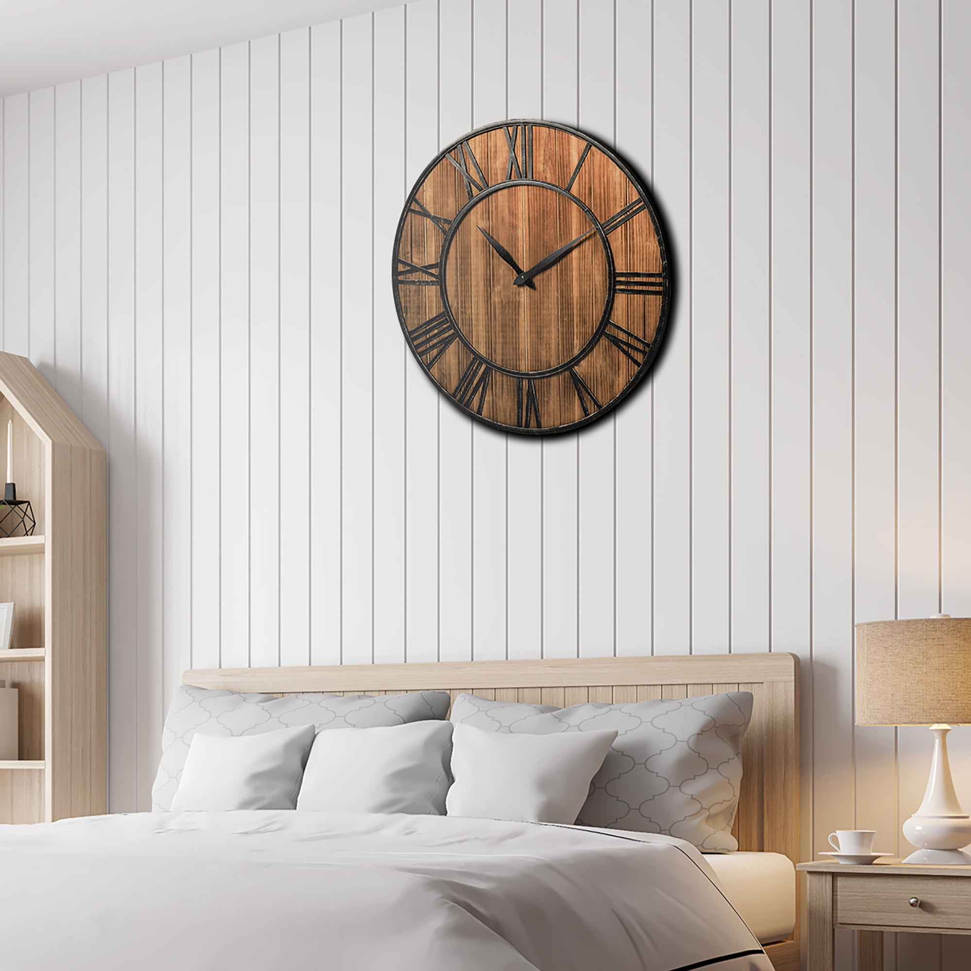 Costway 30'' Round Wall Clock Decorative Wooden Clock Come With Battery
