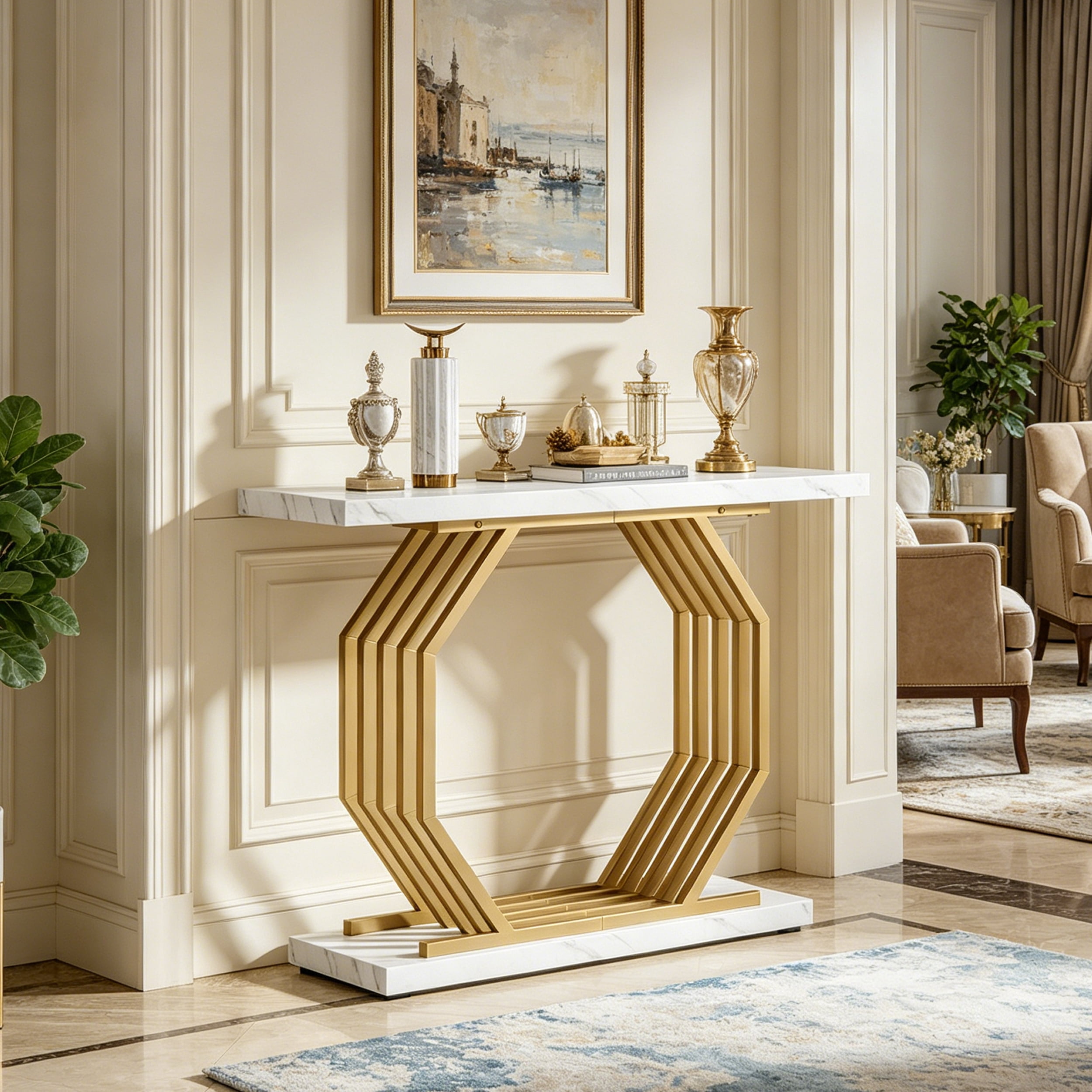 Fnova 40" Console Table, Faux Marble Entryway Table, Narrow Sofa Table with Geometric Metal Frame, Modern Accent Table for Living Room, Hallway, Foyer