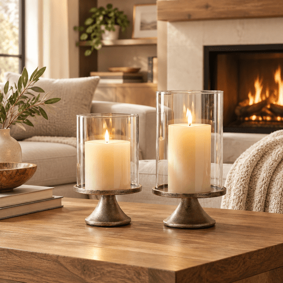 Gold Hurricane Glass Candle Holders, 2 Pack Iron Base Pillar Candlestick Holders, Elegant Home Decor Centerpiece for Living Room Dining Room Bedroom