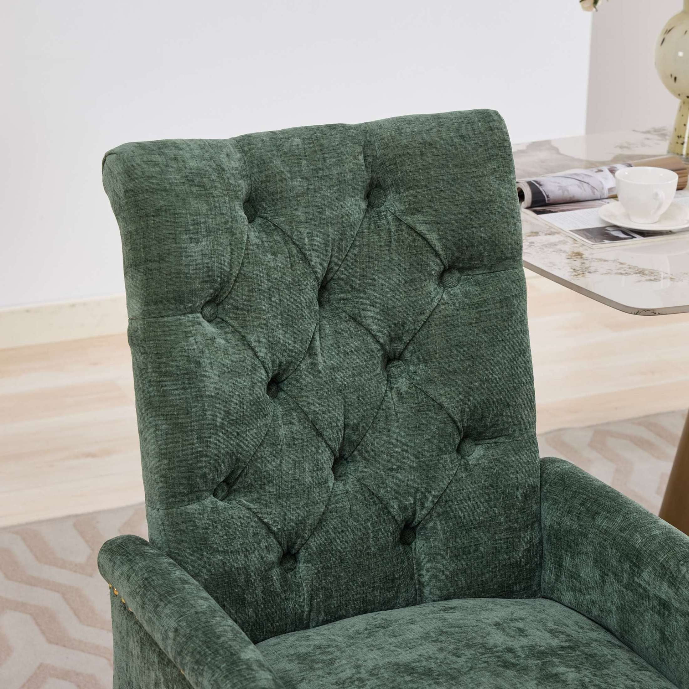 GDF Studio Upholstered Dining Chair with Button-Tufted Back, Nailhead Trim, Stainless Steel Legs, Olive Green
