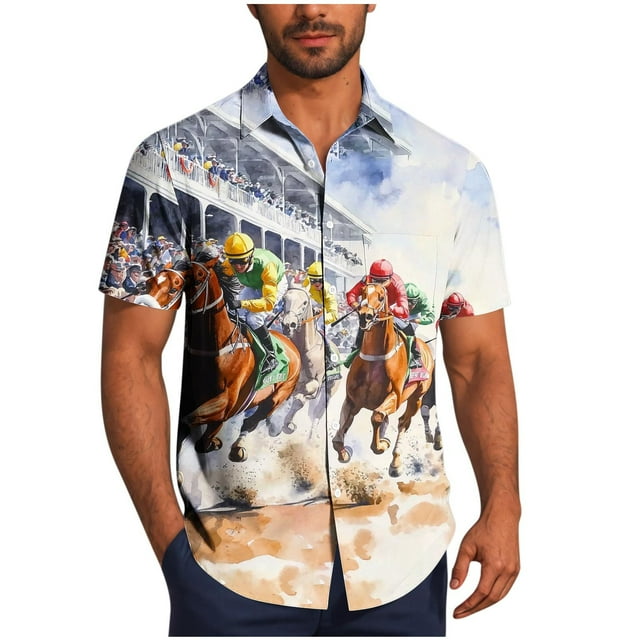Mens Casual Manga Corta Botón Abajo Camisas Turndown Cuello Blusa de Impresión, Poliéster Ligero Top de la Moda para el Verano Al Aire Libre Y el Uso Diario