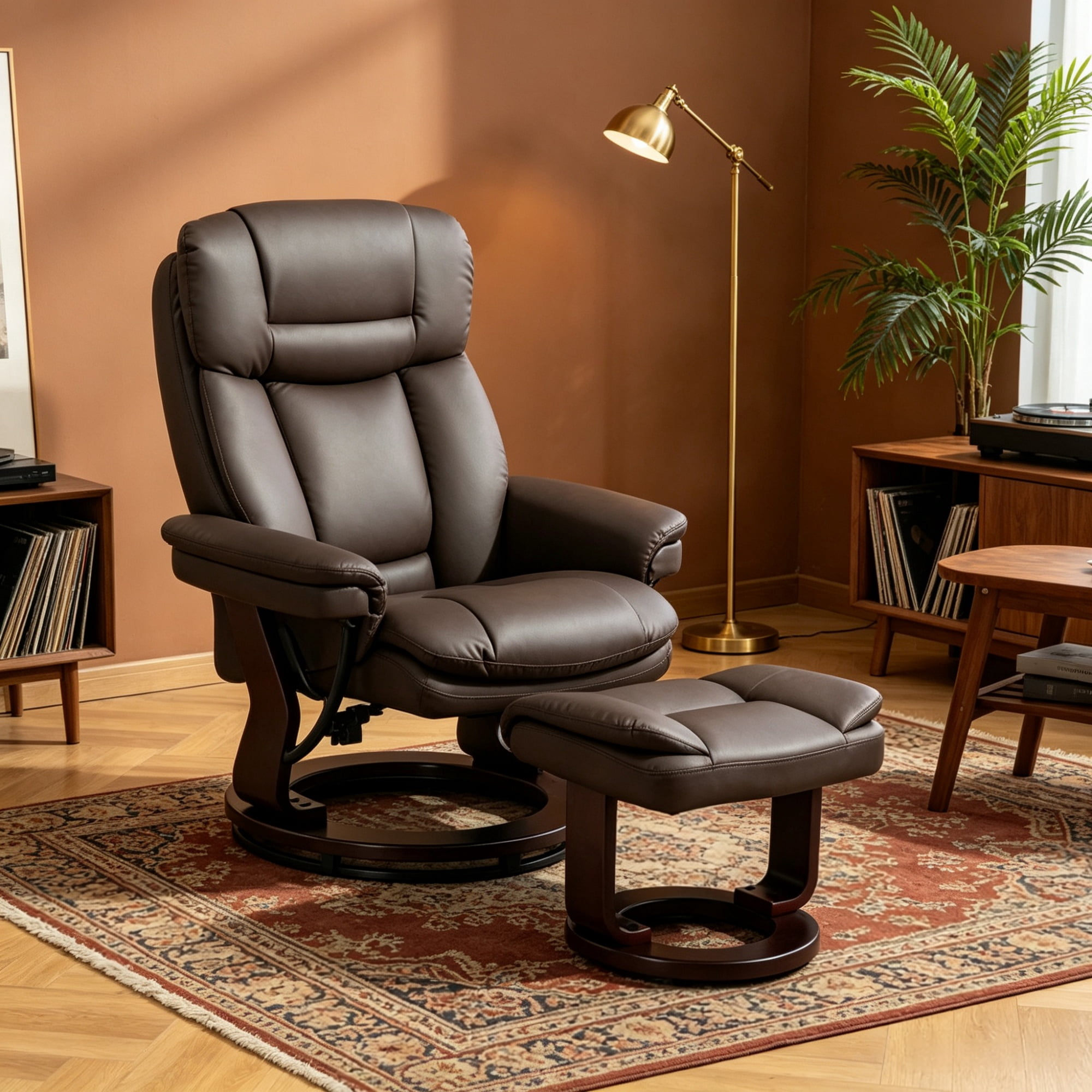 PU Leather Swivel Recliner with Footrest, Dark Brown