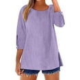 thumbnail image 3 of Outfmvch linen shirts for women elbow length tops for women button down shirts for women Ladies' Fashionable Casual Cotton And Linen Sleeve Seven Quarter Sleeve Top T Shirt Purple 3XL, 3 of 8