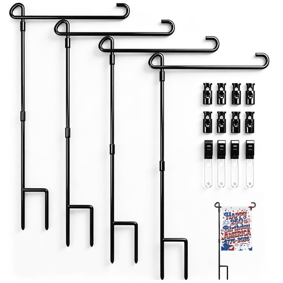 LANDLIT 4 Pack Garden Flag Pole Stand Holder, Metal Powder-Coated Weather-Proof Garden Flags for Outside with Flag Stopper and Clip, Flag Pole Holder for Outside House Yard - Holds 12x18 Inch Flags