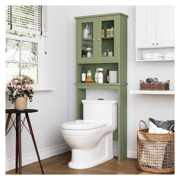 Over the Toilet Storage Cabinet for Bathroom, Storage Organizer Over Toilet, Space Saver with Tempered Glass Doors, Green