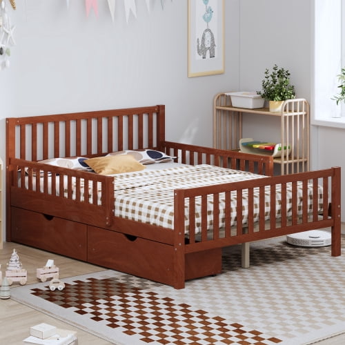 Euroco Wood Full Size Platform Bed with Guardrails and Drawers for Kids Teens Toddlers, Walnut