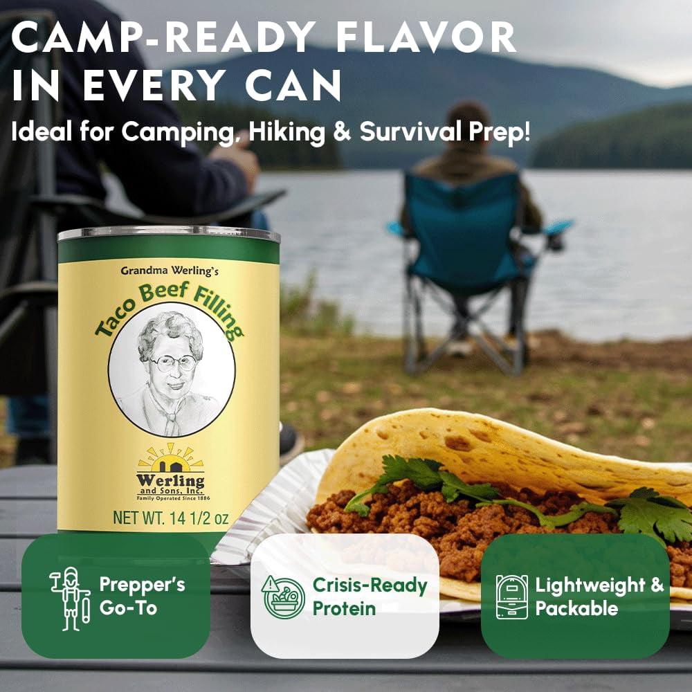 Werling and Sons Taco Beef Filling 14.5 Oz Pack of 6 Fully Cooked Canned Taco Meat Heat and Serve Shelf Stable Emergency Food Supply Survival Camping Prepping Long Shelf Life Made in USA