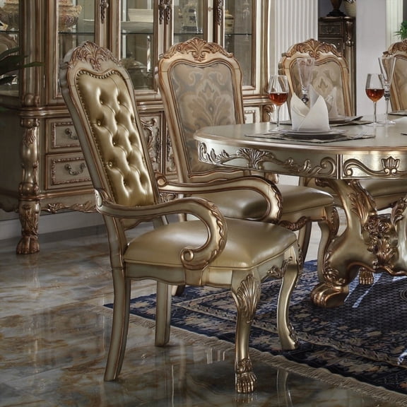 Bone and Gold Patina Tufted Arm Chair Set (2-Piece) with Wooden Claw Legs