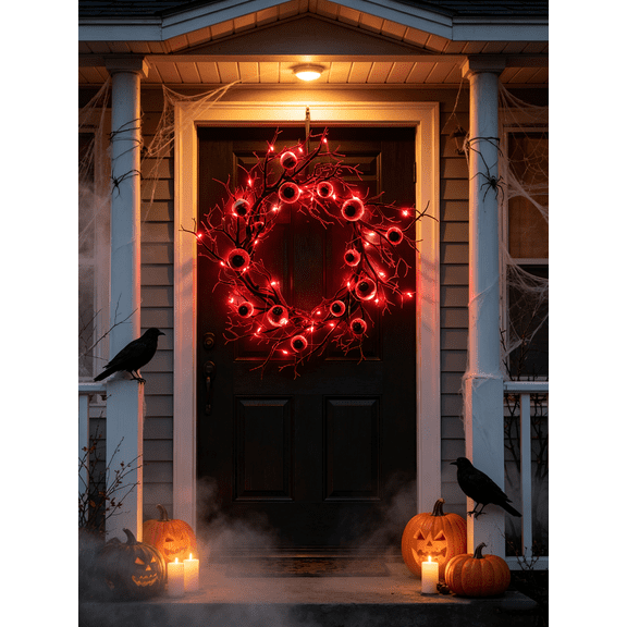 18 inch Halloween Wreaths for Front Door Simulated Eyeballs Wreath with Red Led Light, Outdoor/Indoor Spooky Decorations, For Halloween Party, Porch, Home Holiday Decor