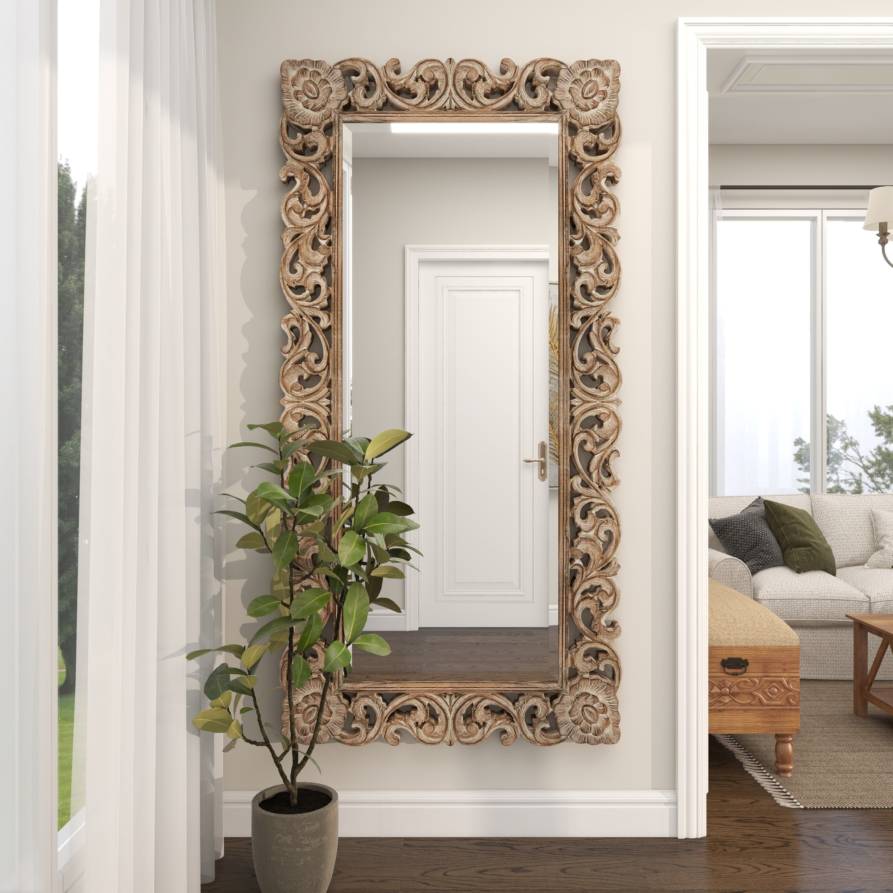 Brown Wood Handmade Intricately Carved Floral Wall Mirror - 36 x 3 x 48 -  On Sale - Bed Bath & Beyond - 32085695