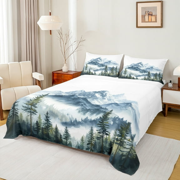 Manfei Natural Landscape Twin Sheet Sets,Mountain Pine Tree Twin Fitted Sheet,Rustic Plant Flat Sheet For Adults,Breathable Home Decor,3-Piece