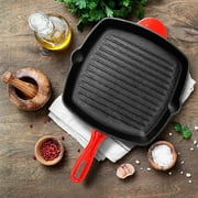 Nonstick Cast Iron Grill Pan - 11-Inch Kitchen Square Cast Iron Skillet Grilling Pan, Enameled Cast Iron Skillet Steak Pan w/ Side Drip Spout For Electric Stovetop, Induction, Gas - NutriChef NCCIES47