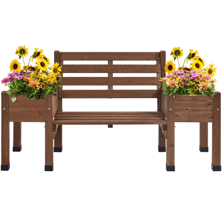 SmileMart 2 in 1 Wood Bench with Double Planter Boxes for Outdoor   38.5 H   Brown