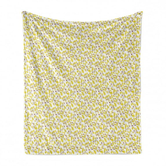 Nature Soft Flannel Fleece Blanket, Autumn Season Pattern Repetitive Acorns and Oak Leaves Art Image, Cozy Plush for Indoor and Outdoor Use, 60" x 80", White Mustard and Dark Salmon, by Ambesonne
