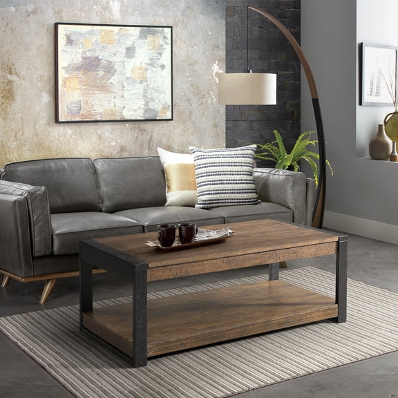 Rectangular Coffee Table Walnut Finish Modern Living Room Table with Shelf
