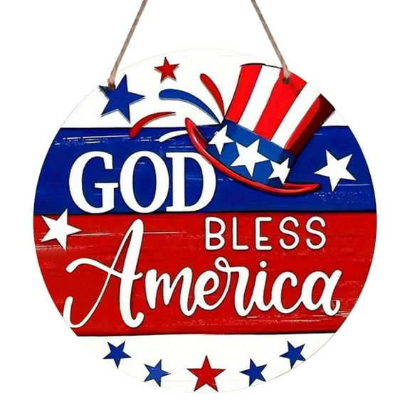 Qocolhg 4th of July God Bless America Patriotic Sign for Front Door Decor, American Stars Stripes Wood Hanger for Outdoor Outside Porch, Memorial Day Wooden Wreath Indoor Wall Hanging Decoration