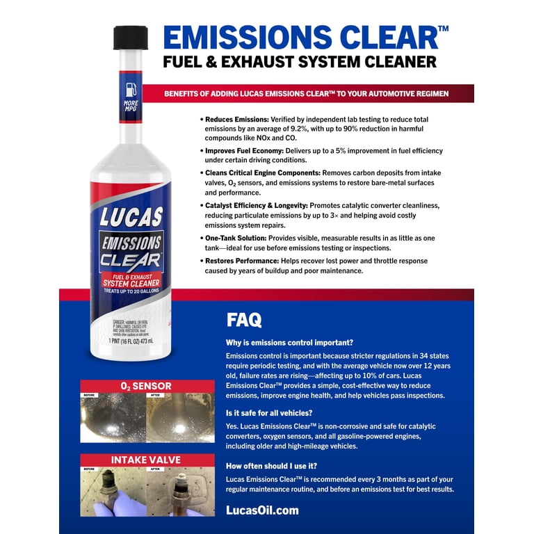 Lucas Oil Emissions Clear Fuel & Exhaust System Cleaner, 16 Oz