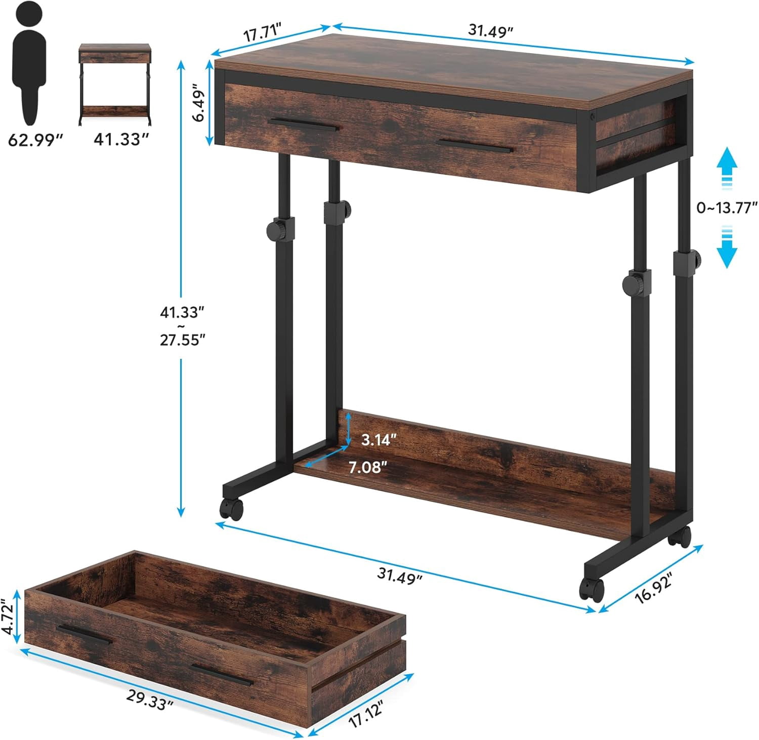 Tribesigns Portable Desk with Drawers, Mobile Laptop Desk with Wheels, Couch Side Table Bed Desk, Standing Desk for Home Office (Brown)