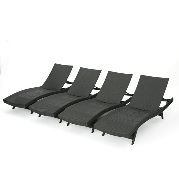 Noble House Anthony Outdoor Wicker Armless Adjustable Chaise Lounge, Set of 4, Grey