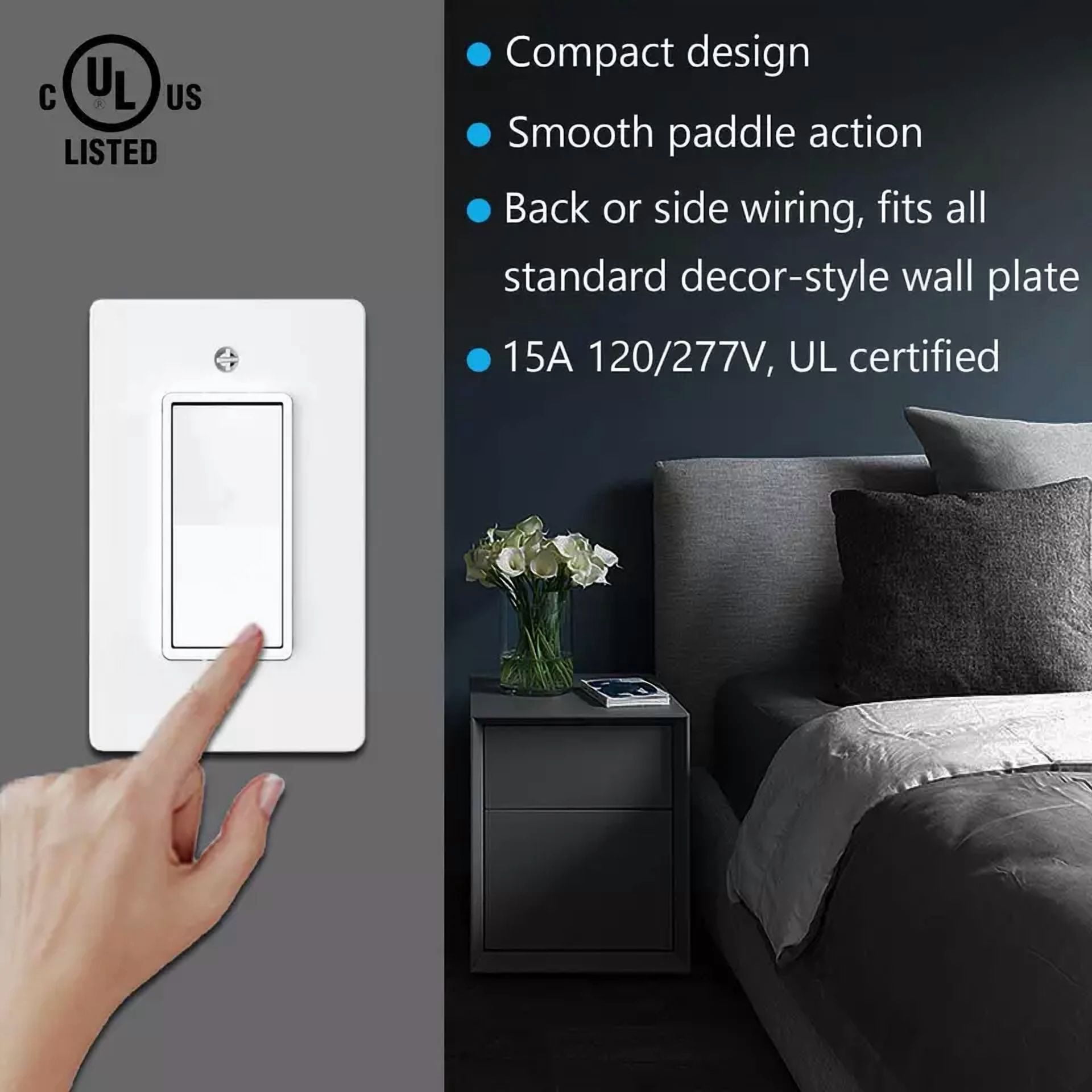 Home Electrical Light Switch, Paddle Rocker Single-Pole On/Off, Ul White 4Packs